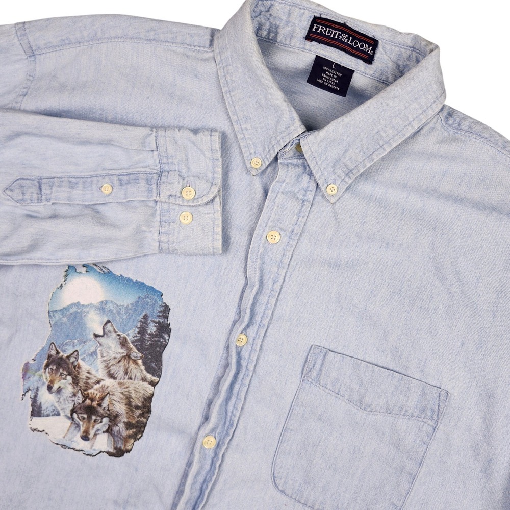 Vtg 90s Fruit of the Loom Wolf Moon Denim Shirt L Double Sided Streetwear